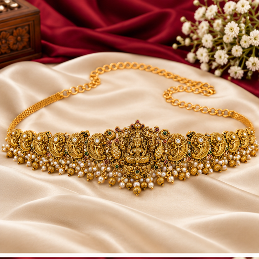 Matte Finishing Lord Lakshmi Peacock And Pearls Chain Vaddanam