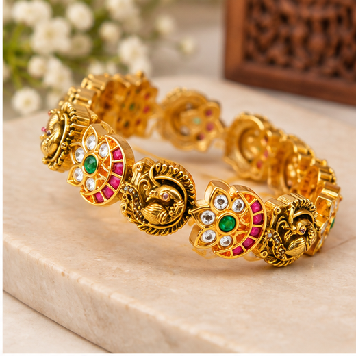 Matte Finishing Peacock And Floral Motifs Adorned With White,Green And Pink Stones - Image 2