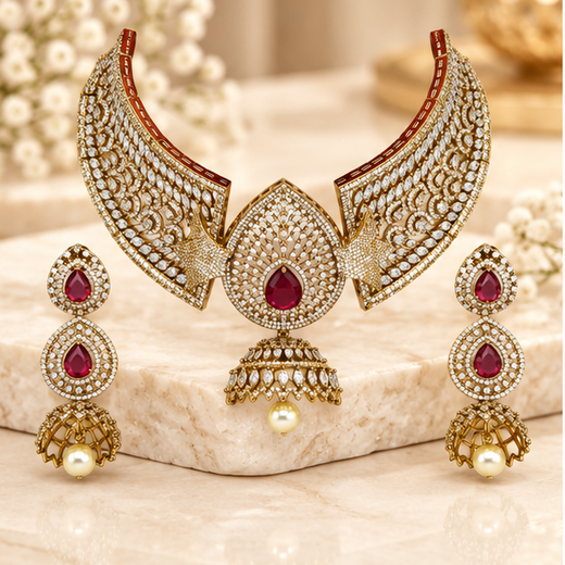 Victorian finishing American Diamonds with Red stones Choker - Image 3