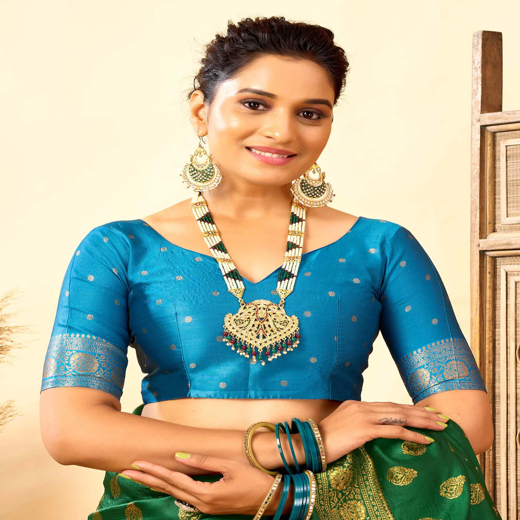 Dark Green Silk Woven Banarasi Saree - Image 2