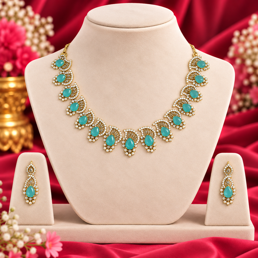 Matte finishing American diamond and Mint-green stone short Necklace