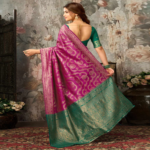 Dark Pink Silk Woven Banarasi Saree - Image 4