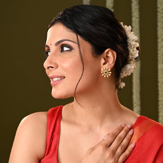 Matte Finishing Flower Design With Pink Stones Handcrafted Stud - Image 3