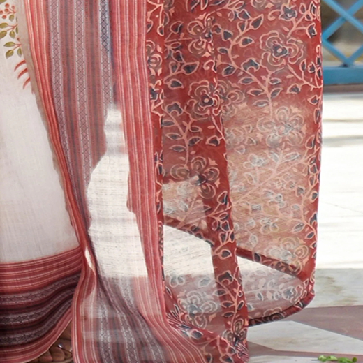 White Linen Printed Saree - Image 3
