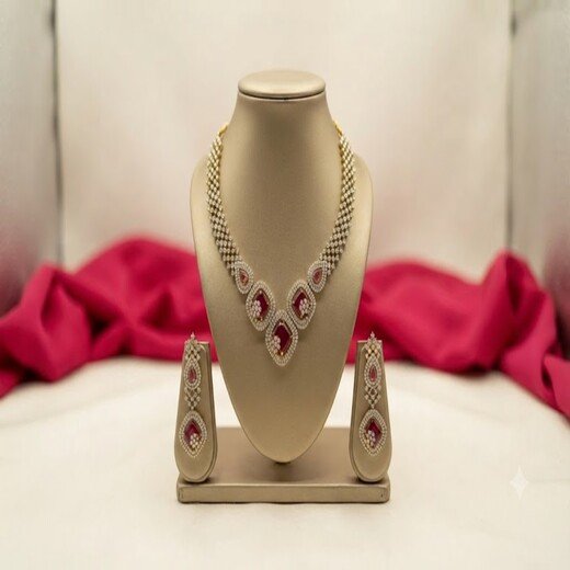 American Diamond Cubic Zirconia With Red stone Short Necklace - Image 3