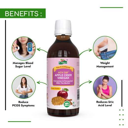 Dr. Patkar's Apple Cider Vinegar with Cinnamon & Fenugreek | Unfiltered & Undiluted | Suitable for Sugar & Diabetes Control with Improved Immunity & Lowers Bad Cholesterol (With Mother) 200ml - Image 3