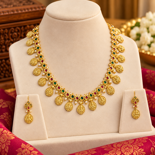 Matte finishing Lord Lakshmi designed with Multi-Stones Short Necklace - Image 3