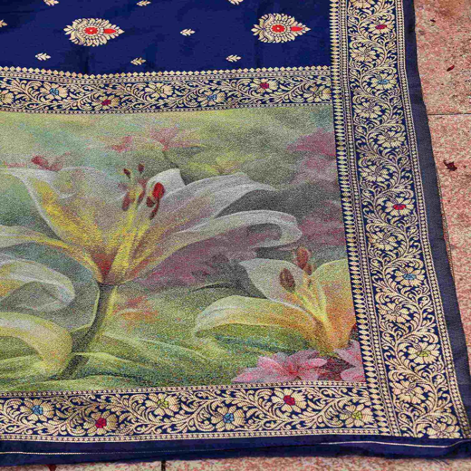 Blue Silk Woven Banarasi Saree - Image 3