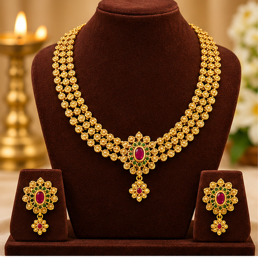 Traditional Gold-Plated Beaded Necklace Set with Matching Earrings