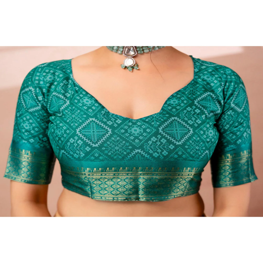 Teal Green Silk Printed Woven Border Saree - Image 2