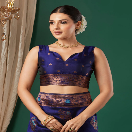 Navy Blue Silk Woven Banarasi Saree - Image 2