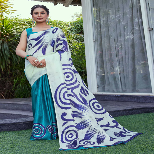 Off White Cotton Blend Printed Saree