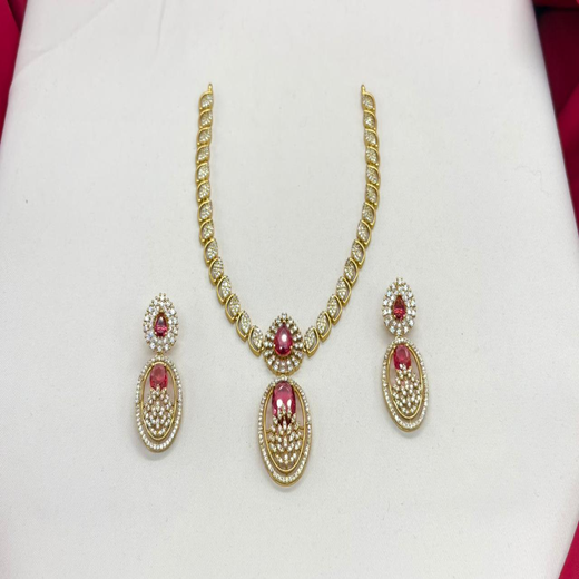 Two-tone finish Red zircon beaded Short Necklace