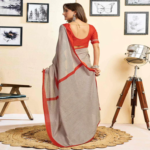 Ready To Wear Beige Cotton Printed Saree With Pocket - Image 4