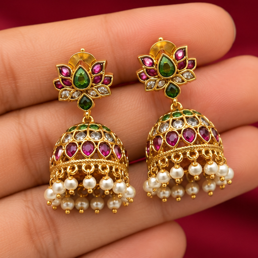 Matte Finishing Floral Design With Green & Pink Stones Jhumkas Earring - Image 3