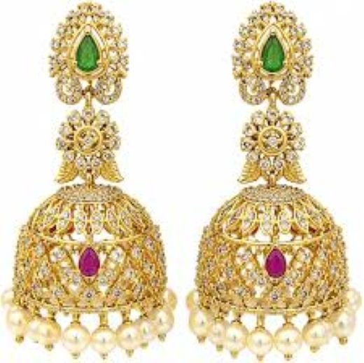 Matte Finishing American Diamonds With White Pearls Jhumkas Earring