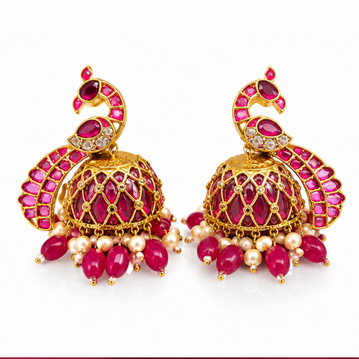 Matte Finishing Peacock-Inspired Pink Gemstones And Pearl Drops Jhumka’s