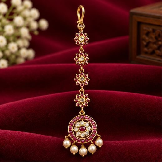 Ruby-Colored Emerald Stone Pearl Drop Maang Tikka
