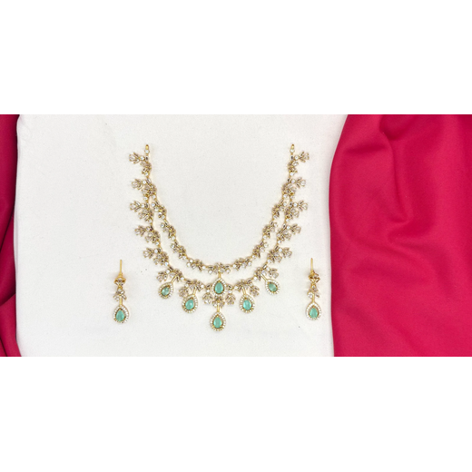 Matte finishing Floral Zircon & Ad Stones Mint-Green Short Necklace