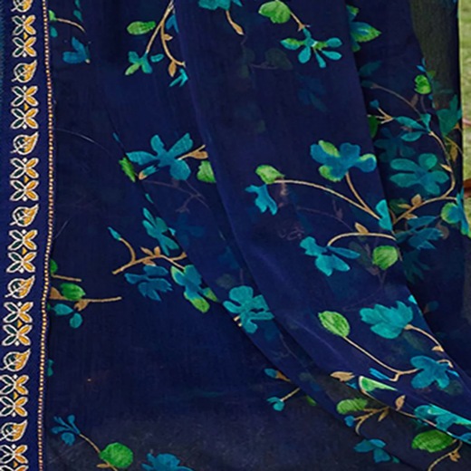 Navy Blue Chiffon Floral Printed Saree - Image 3