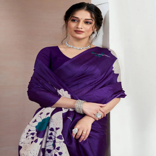 Purple Bhagalpuri Silk Printed Saree - Image 2