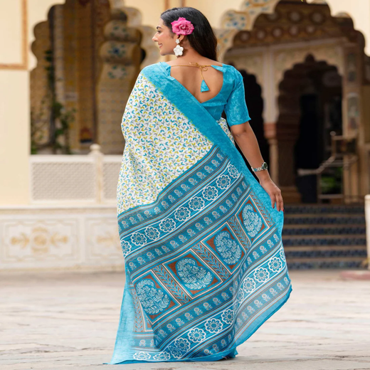 Off White Khadi Printed Saree - Image 4