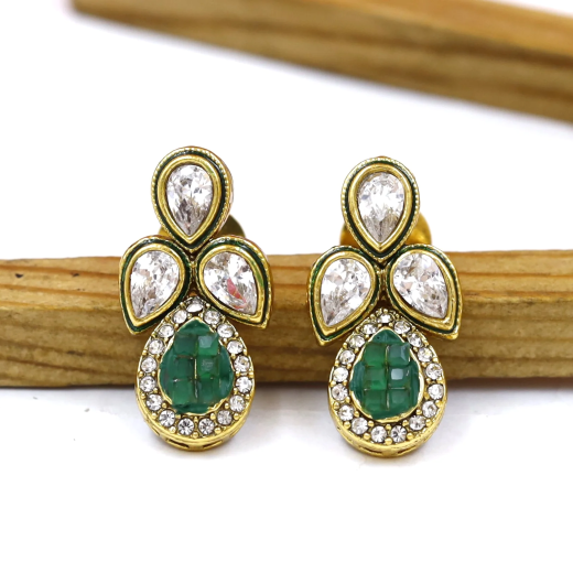 Rose-Gold With Green Stones Polki Diamonds Studs - Image 4