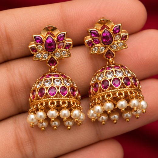 Matte Finishing Flower Design Pink & White Stones With White Pearls Jhumkas Earring - Image 3