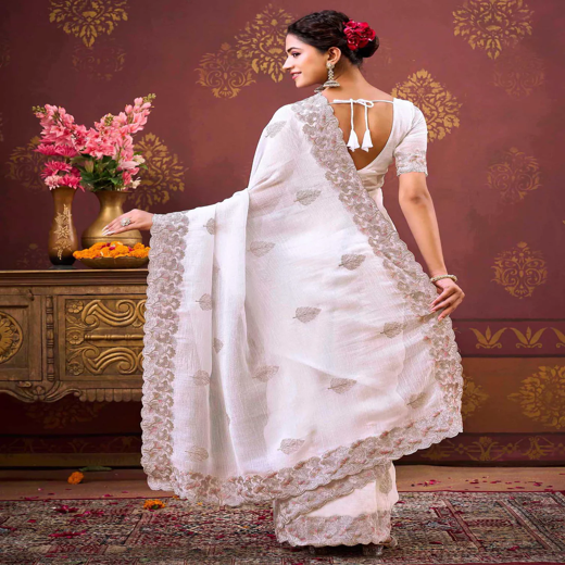 White Shimmer Chiffon Sequence Embroidery saree - Image 4