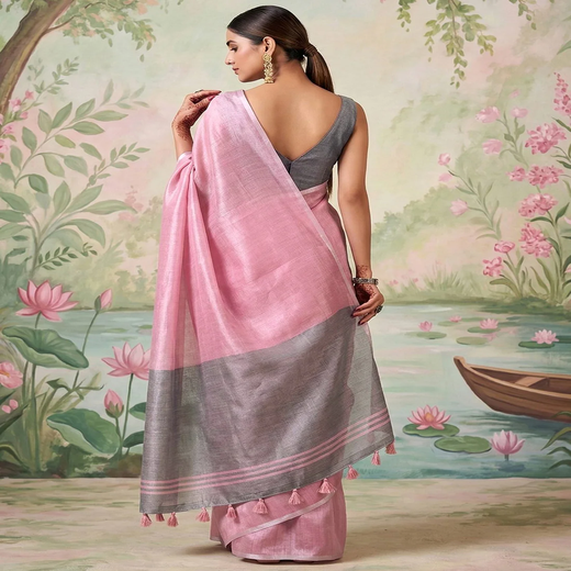 Baby Pink Cotton Silk Tassels Woven Saree - Image 4
