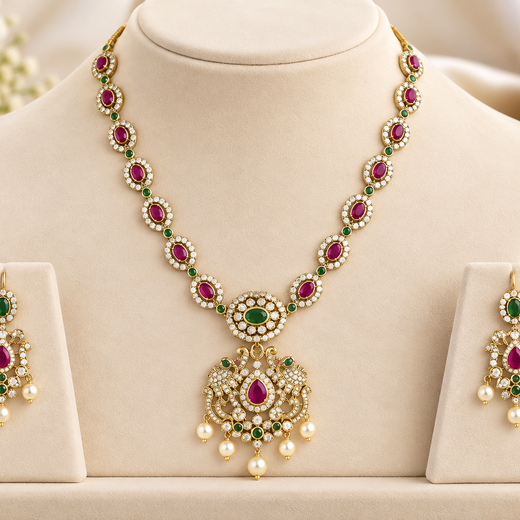 Matte finishing Pink stones pearls with Elephant design Short Necklace - Image 3