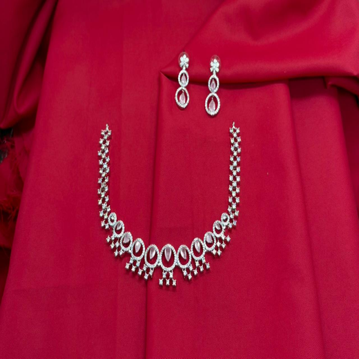 Rhodium Silver American Diamond with Baby-Pink-Stone Short Necklace