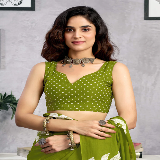 Ready To Wear Green Cotton Printed Saree - Image 3