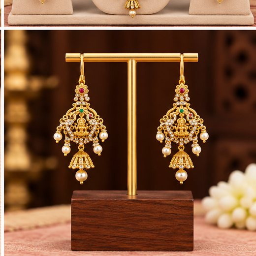 Matte finishing coin Lord Lakshmi with white pearls Long Haram - Image 4