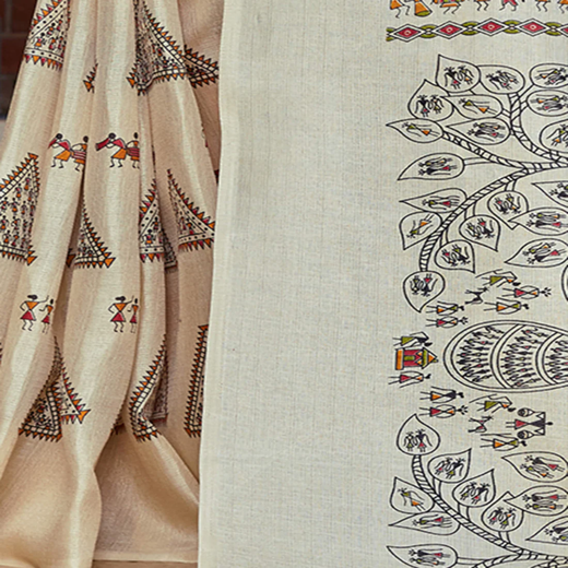 Beige Cotton Blend Warli Printed Saree - Image 3