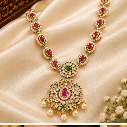 Matte finishing pink stones pearls with Elephant design Long Haram - Image 2