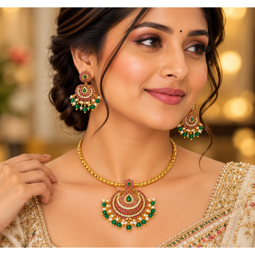 Matte finishing floral design uncut diamonds green beads Kanti Necklace - Image 4
