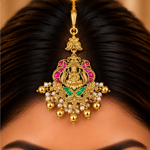 Matte Finishing Lord Design Golden Balls Maang Tikka - Image 4