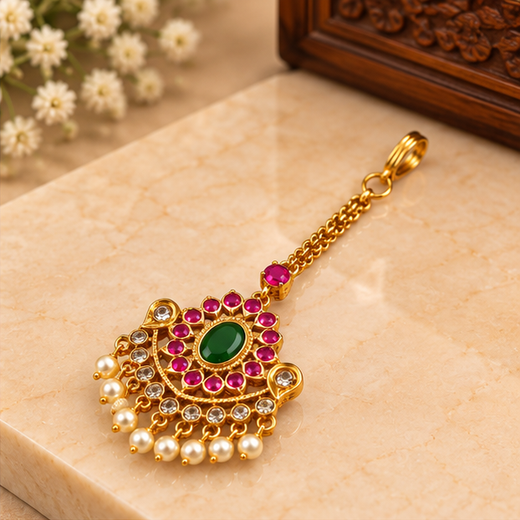 Matte Finishing Pink Stones And Pearl Dop Maang Tikka - Image 2