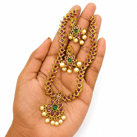 Attigai style AD stones kemp flower Short Necklace - Image 3