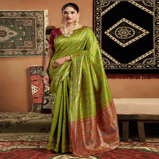Parrot Green Banarasi Silk Saree