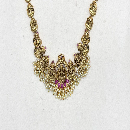 Matte finishing Lord Lakshmi idol with white pearls Short Necklace - Image 3