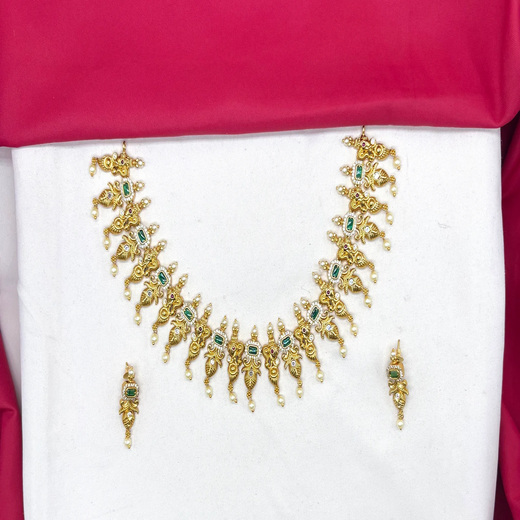 Matte finishing Elephant with leaf finishing design and white pearls Short Necklace - Image 2
