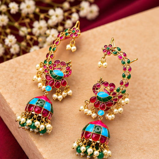 Meenakari Ear Cuff And Enamel Finishing Jhumka Earrings - Image 2