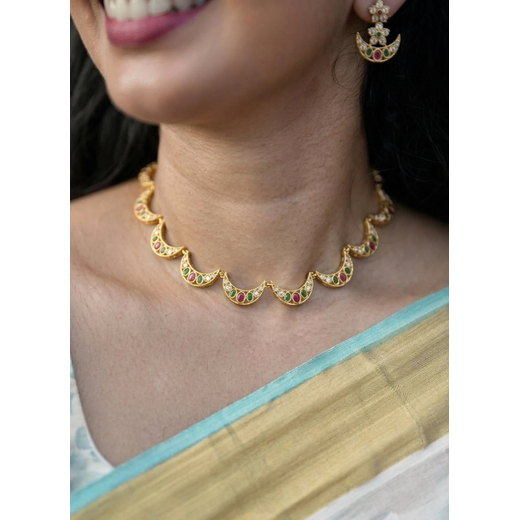 Matte finishing with AD stones and Multi-stones Short Necklace - Image 4