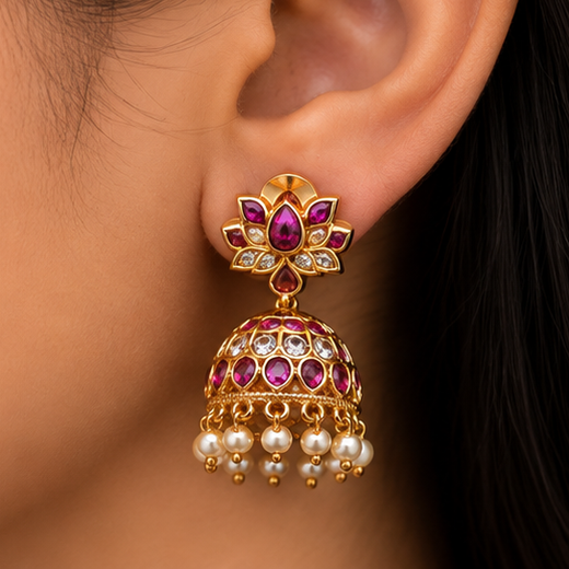 Matte Finishing Flower Design Pink & White Stones With White Pearls Jhumkas Earring - Image 4
