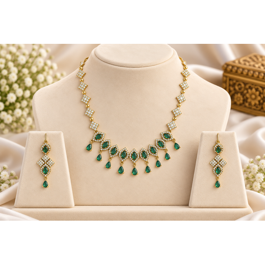 Matte finishing Green stones with American Diamonds short Necklace