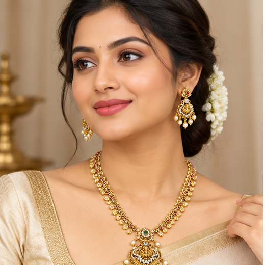 Matte finishing Lord Lakshmi with multi colors Long necklace - Image 2