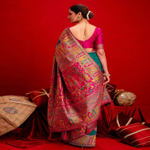 Teal Green Silk Woven Paithani Saree - Image 4