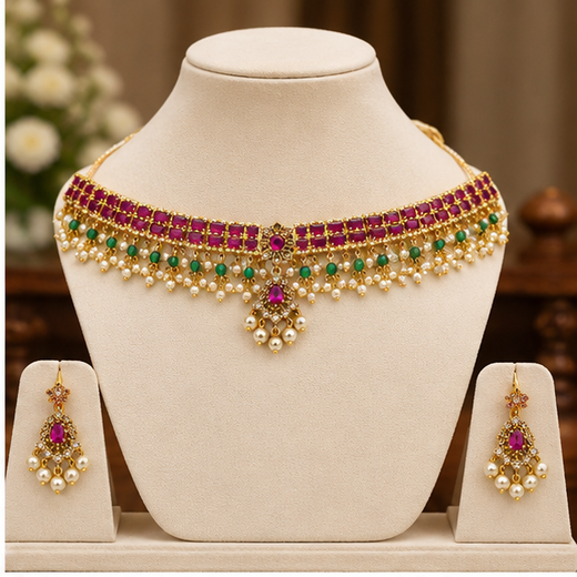 Matte finishing buby stones with white pearls Short Choker - Image 2